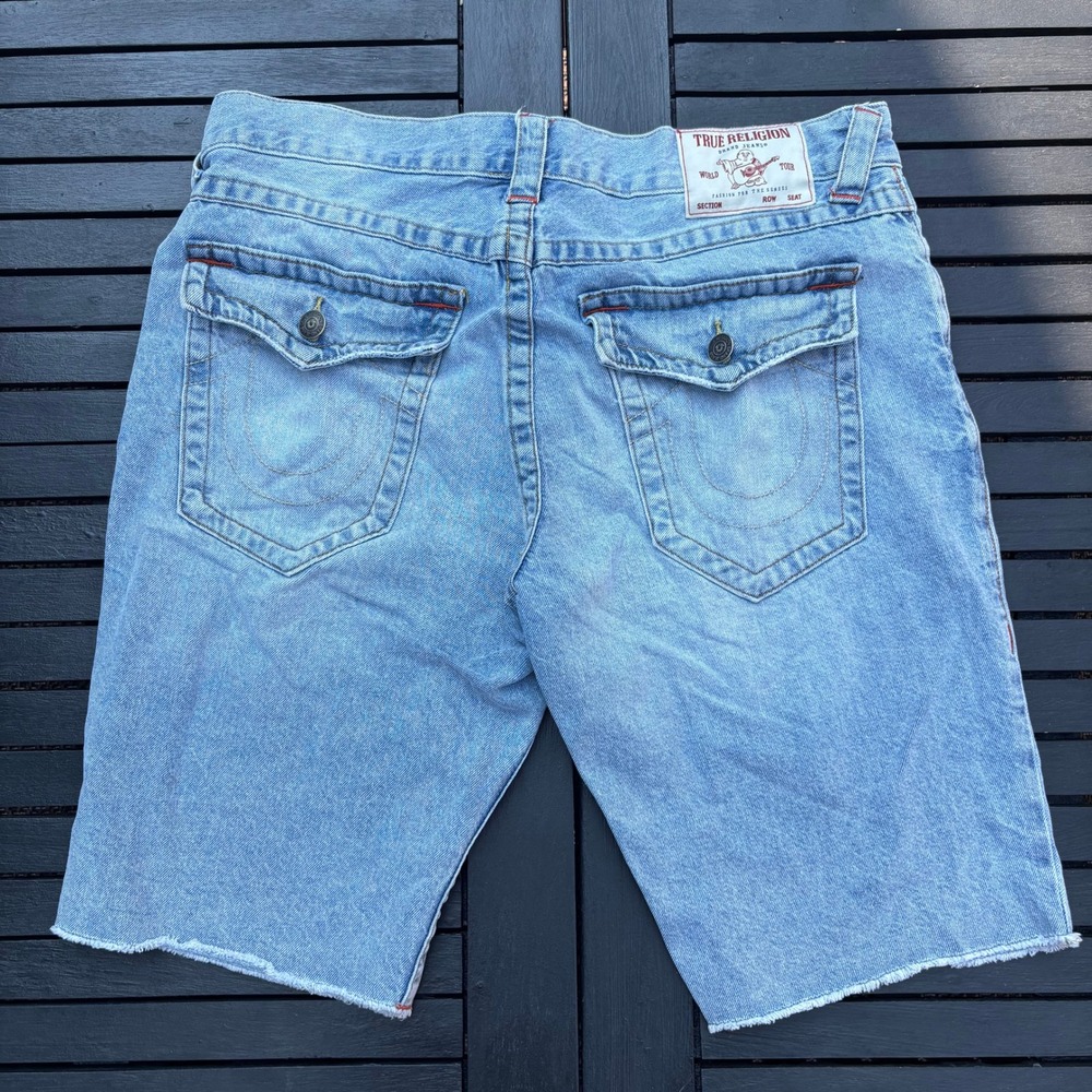 True Religion Ricky Denim Shorts Mens 34 Blue Excellent Raw Hem Y2K